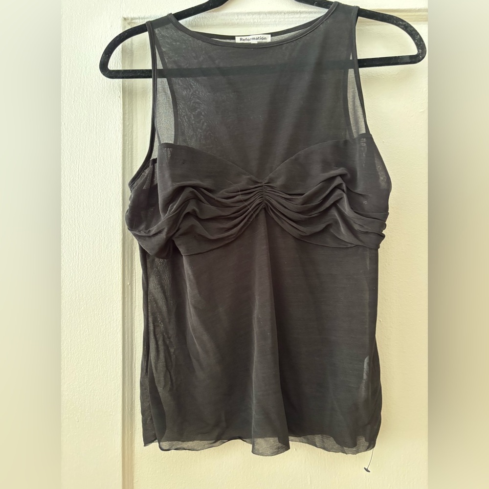 Reformation Black Sheer Ruched Tank Top